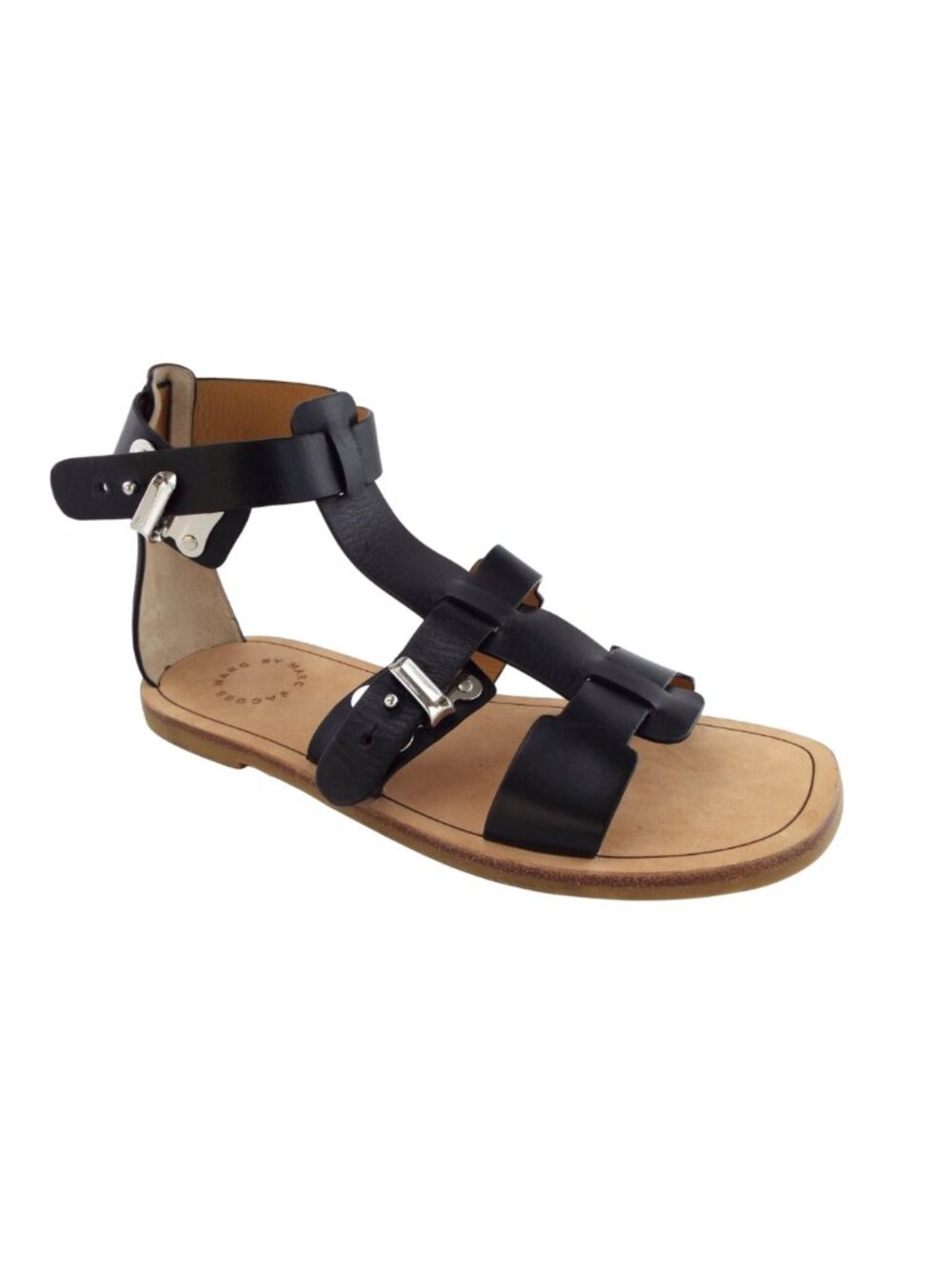 New MARC JACOBS Black Leather Gladiator Buckled Up Flat Ankle Sandals 37